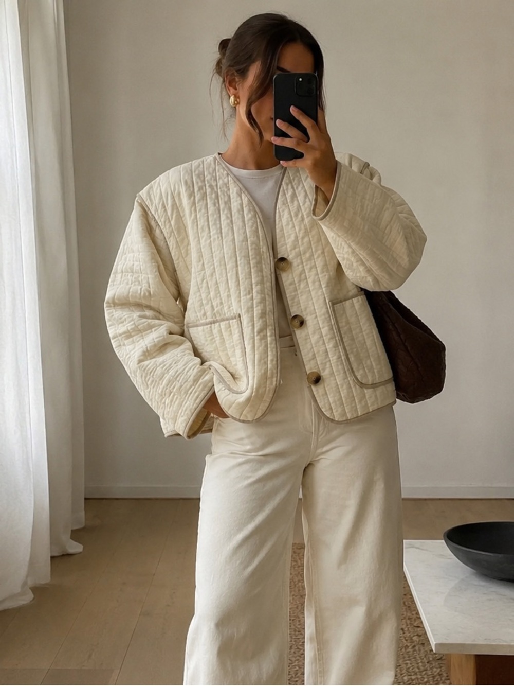 Selected Femme Minimalist Quilted Jacket Cream Cotton Button Front Size M 40